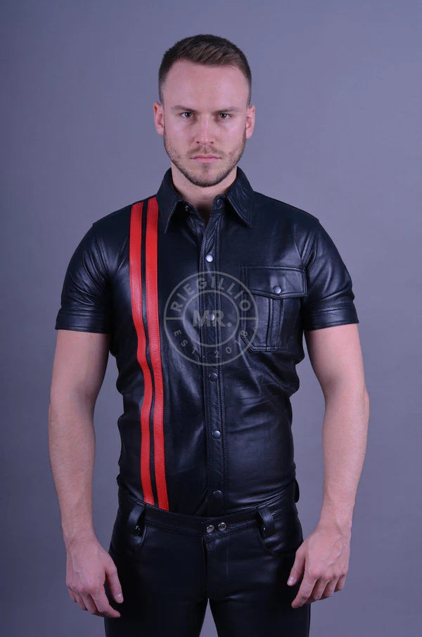 Black Leather Shirt - Red Stripes