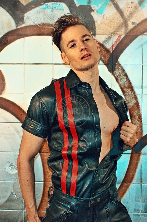 Black Leather Shirt - Red Stripes
