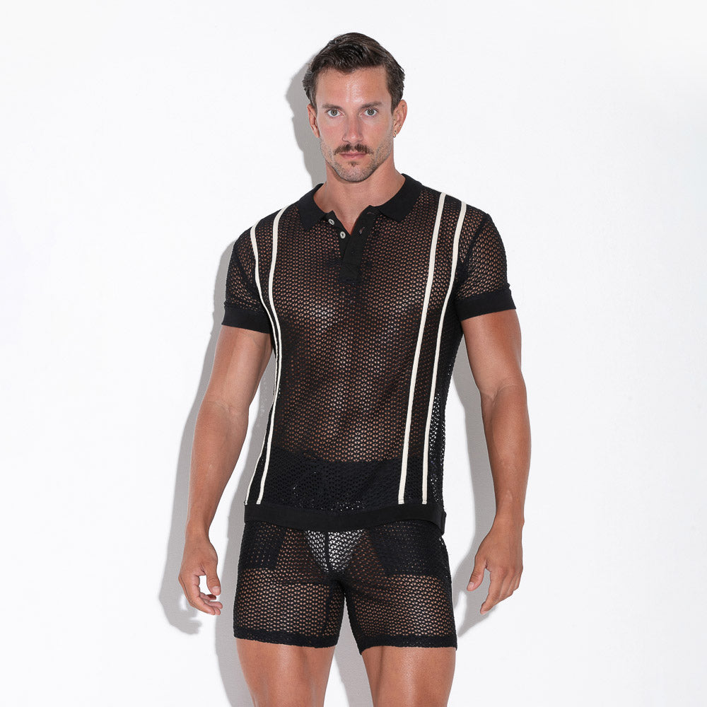 Men's fetish sheer mesh black polo t-shirt