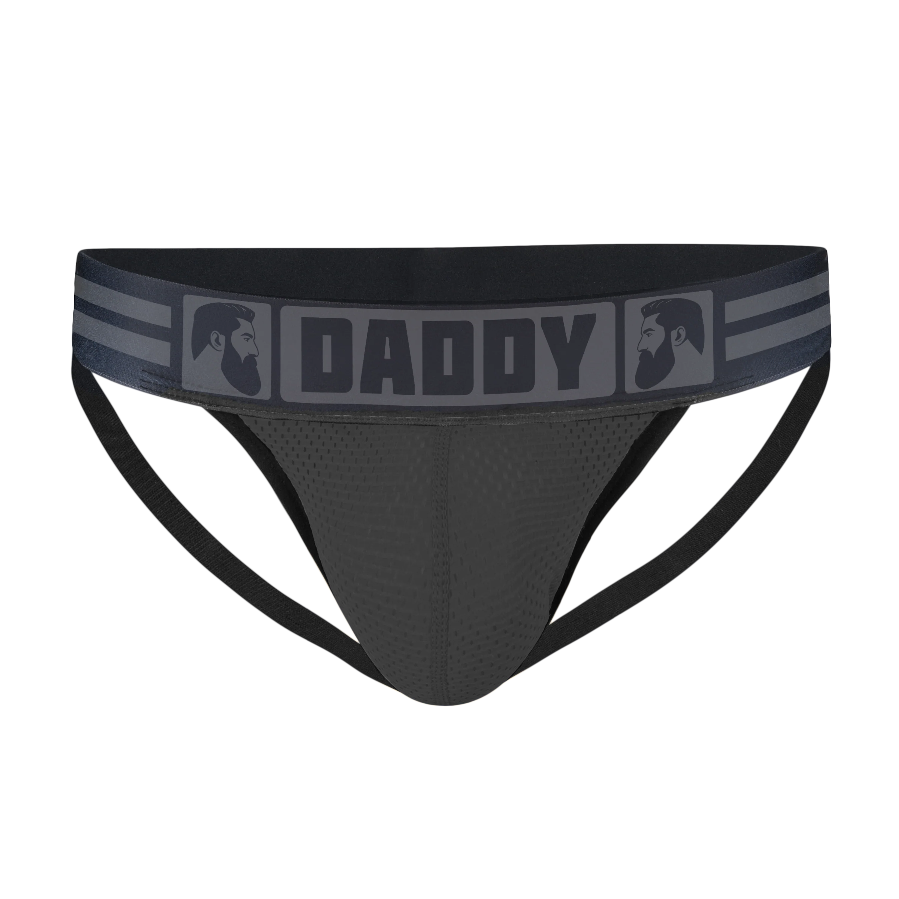 Gruff Pup's Daddy Air Jock has a sheer mesh pouch, bulge boost inner enhancing pouch, and says "Daddy" on the thick, comfortable, black band.