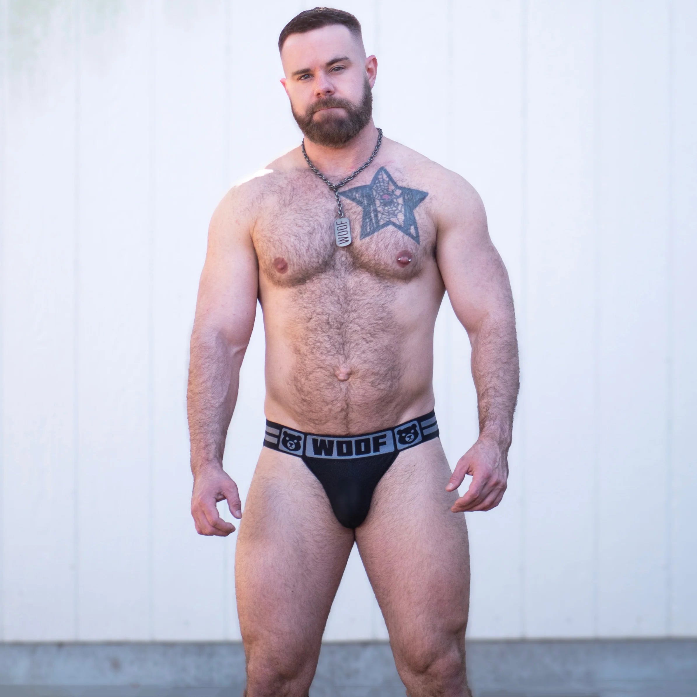 Gruff Pup's Daddy Air Jock has a sheer mesh pouch, bulge boost inner enhancing pouch, and says "Daddy" on the thick, comfortable, black band.