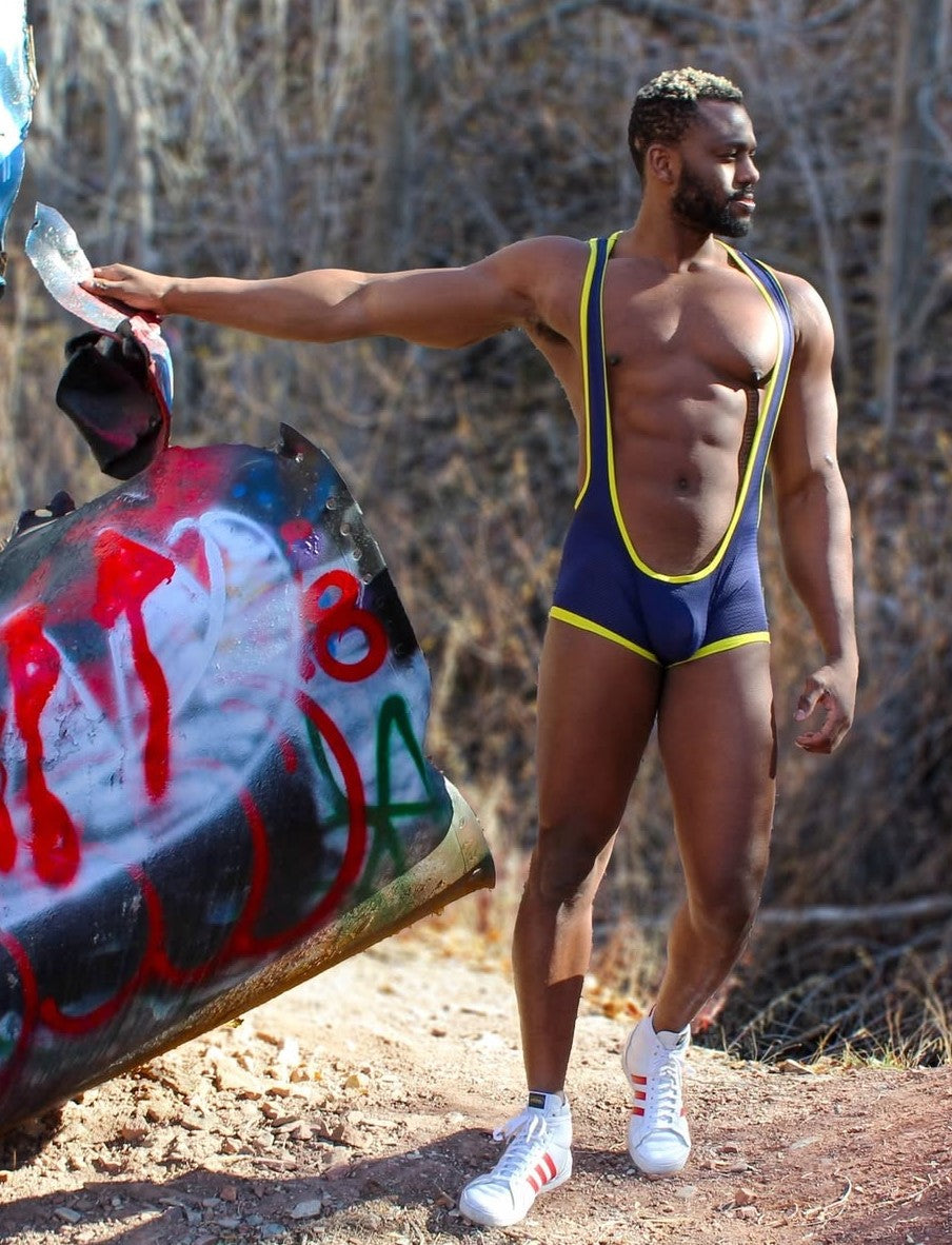 Gay men's blue and yellow body suit