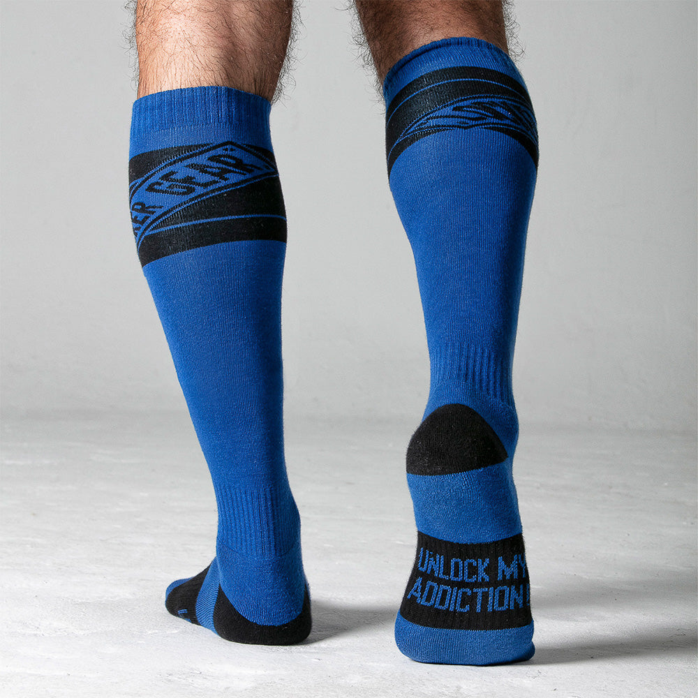 Sexy blue and black knee-high socks for sale - Sock fetish