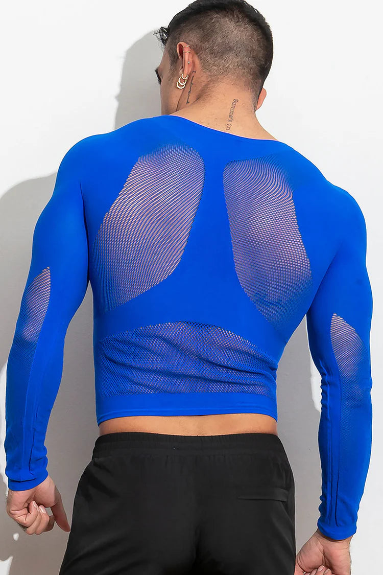 High-stretch, open long sleeve shirt. Made of supportive stretch compression, lightweight and breathable knit. Available in blue or black.