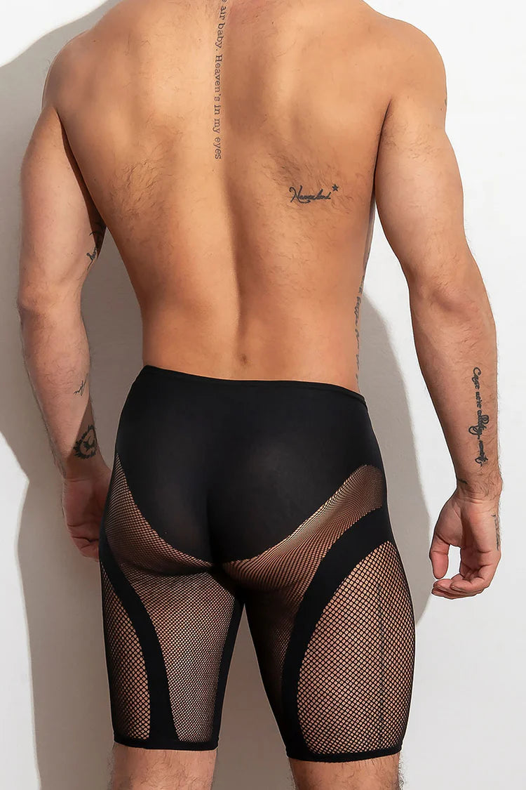 High-stretch, open knit shorts that highlight thighs and glutes. They are supportive stretch compression, lightweight and breathable. Available in blue or black.