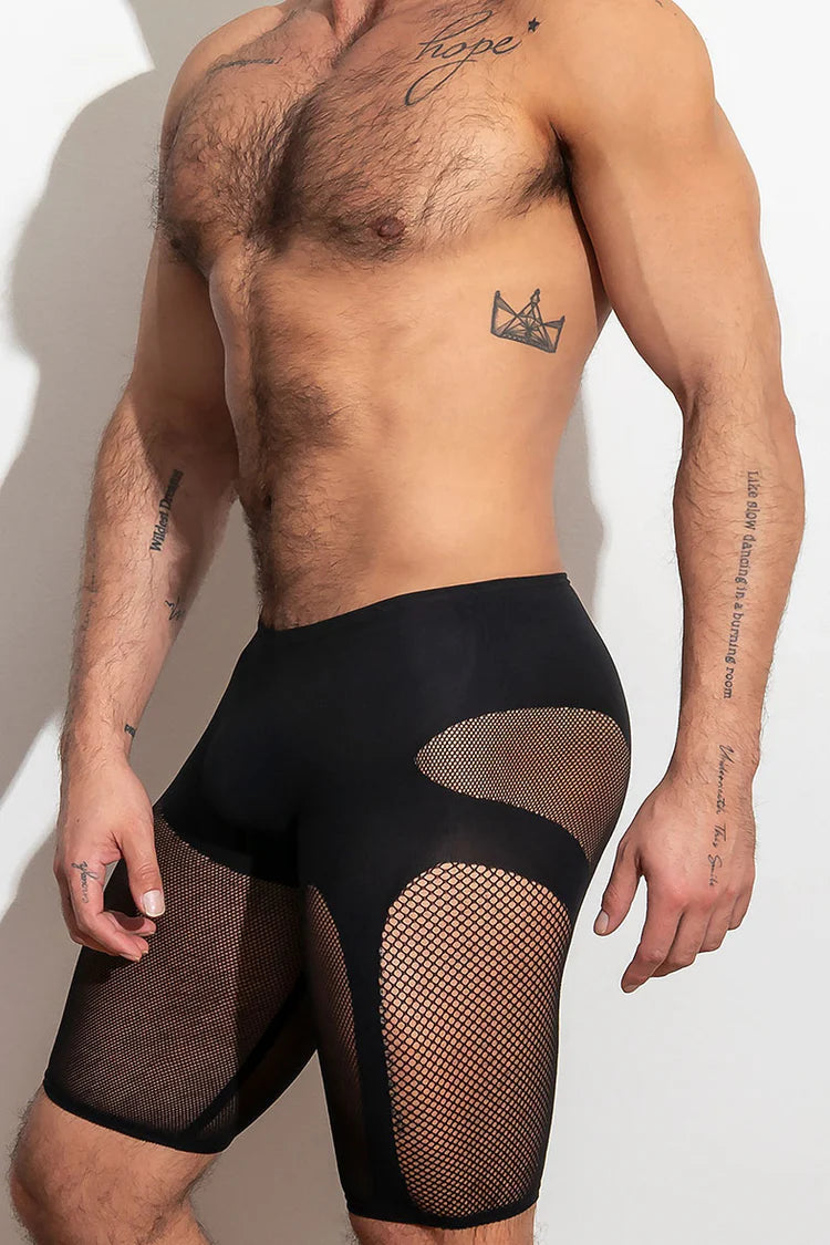 High-stretch, open knit shorts that highlight thighs and glutes. They are supportive stretch compression, lightweight and breathable. Available in blue or black.