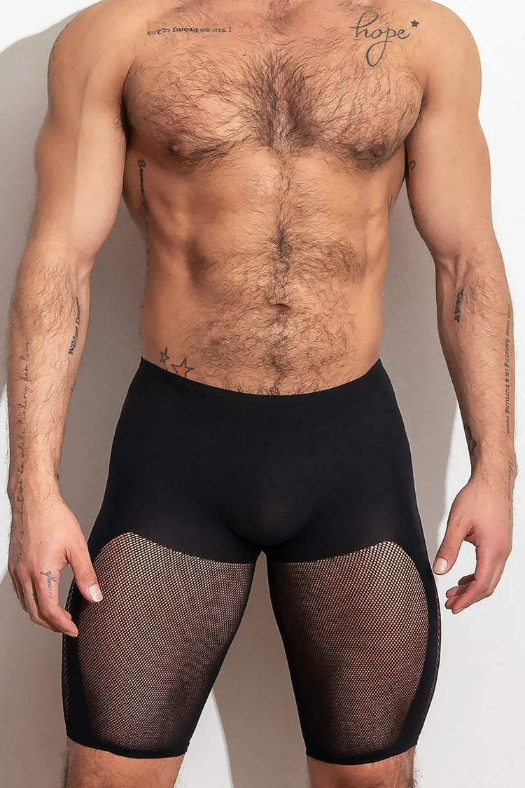 High-stretch, open knit shorts that highlight thighs and glutes. They are supportive stretch compression, lightweight and breathable. Available in blue or black.