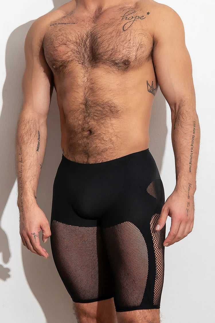 High-stretch, open knit shorts that highlight thighs and glutes. They are supportive stretch compression, lightweight and breathable. Available in blue or black.