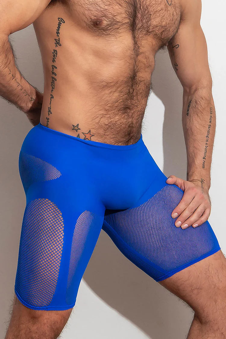 High-stretch, open knit shorts that highlight thighs and glutes. They are supportive stretch compression, lightweight and breathable. Available in blue or black.