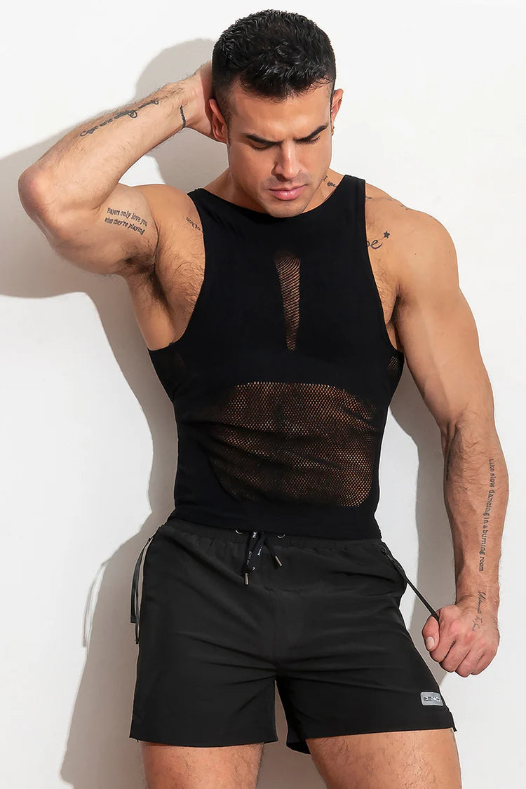 High-stretch, open tank top. Made of supportive stretch compression, lightweight and breathable knit. Available in blue or black.