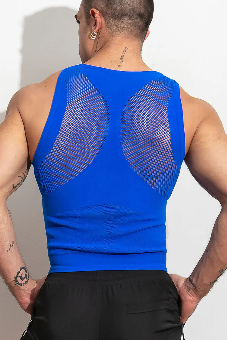 High-stretch, open tank top. Made of supportive stretch compression, lightweight and breathable knit. Available in blue or black.