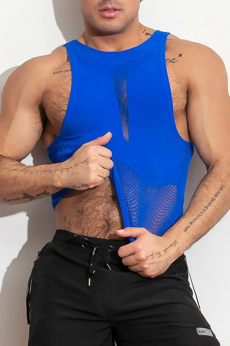 High-stretch, open tank top. Made of supportive stretch compression, lightweight and breathable knit. Available in blue or black.