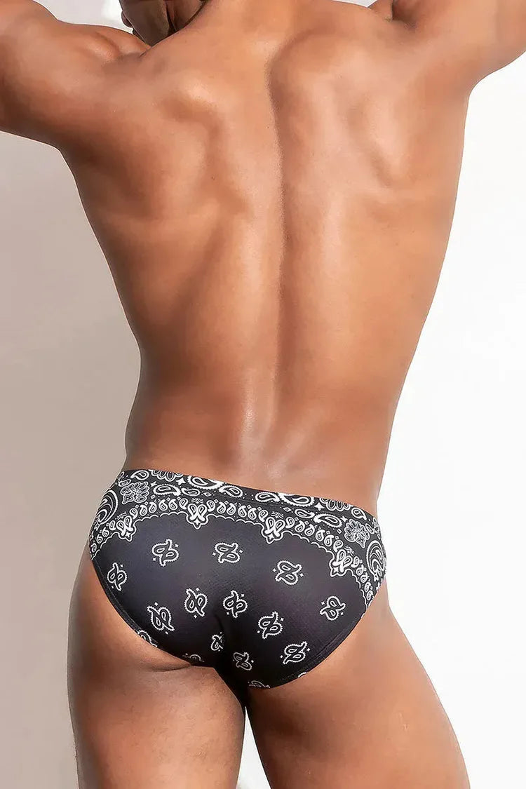 These low-rise cut briefs made of polyester and have an eye-catching red and blue paisley pattern.