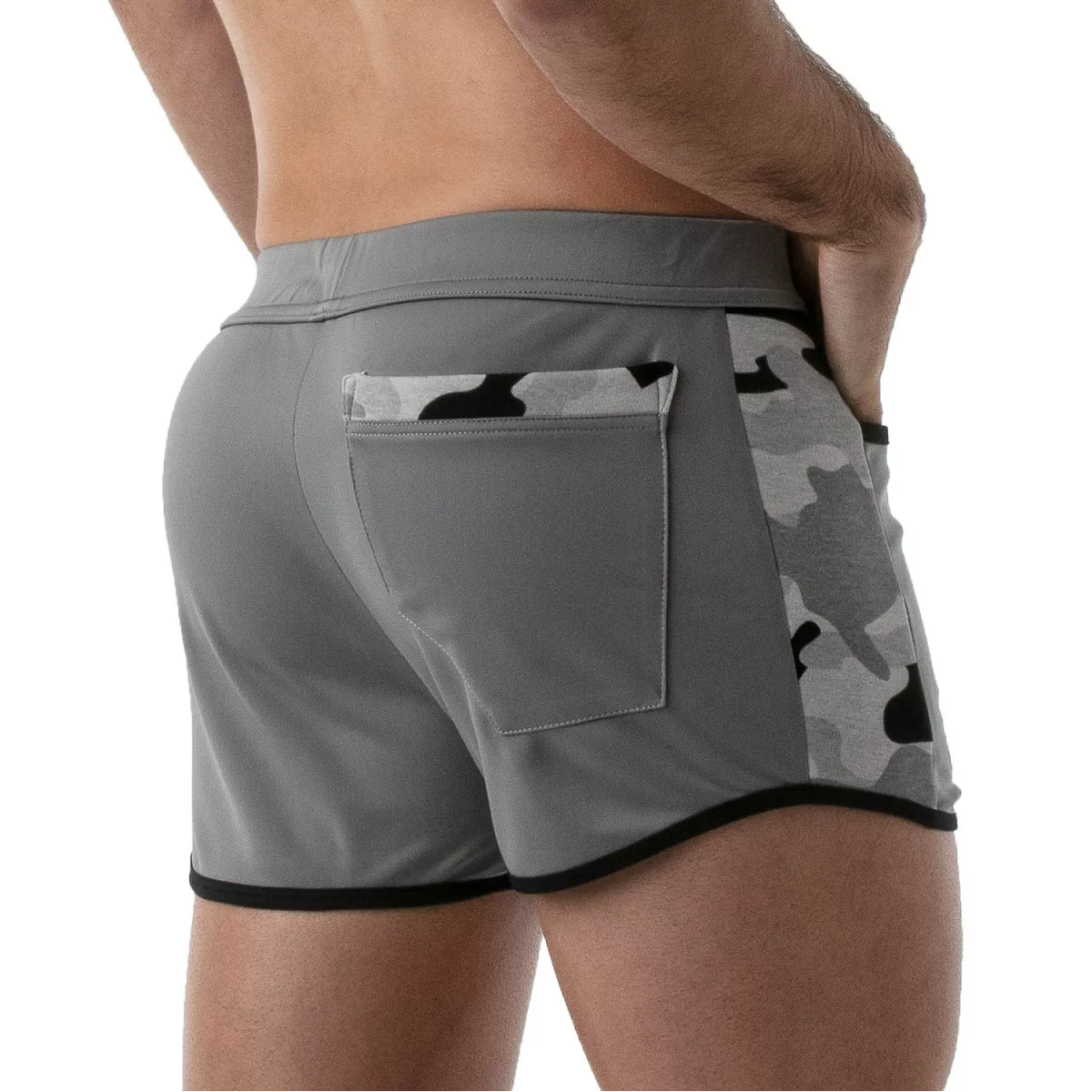 TOF's low-waisted, grey sport shorts have camouflage patterned sides, black outline, and pockets including an additional zipper pocket. The shorts are made of antibacterial microfiber.