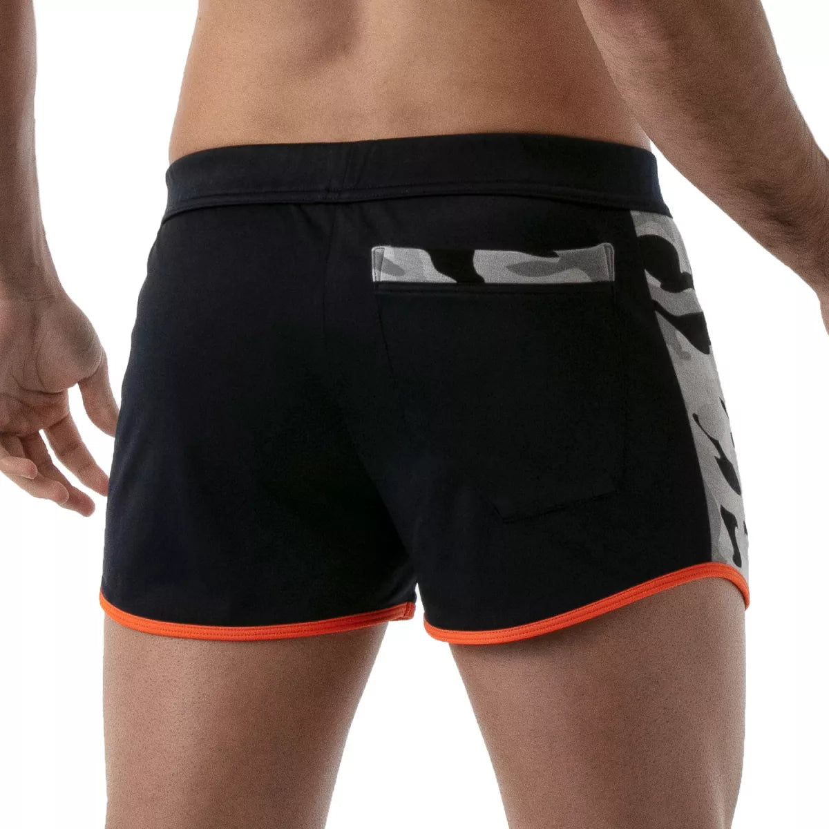 TOF's low-waisted, navy blue sport shorts have camouflage patterned sides, orange outline, and pockets including an additional zipper pocket. The shorts are made of antibacterial microfiber.