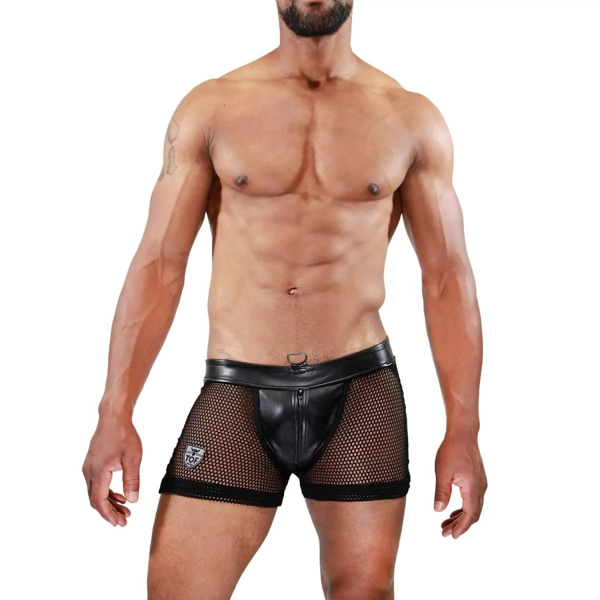 Revolutionary men's shorts and jockstrap hybrid. Made of ultra-sexy transparent mesh and lifelike imitation leather with a built in zipper