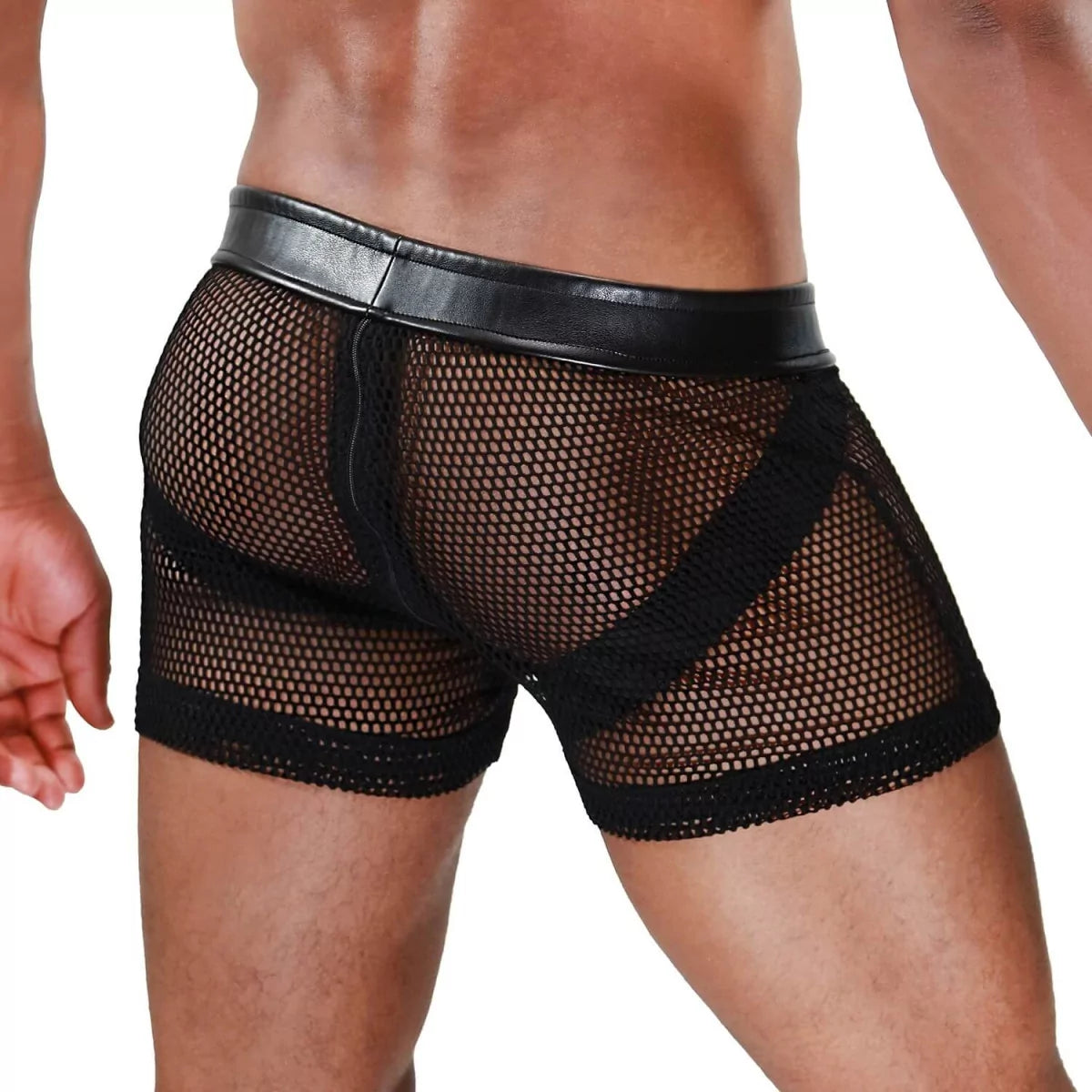 Revolutionary men's shorts and jockstrap hybrid. Made of ultra-sexy transparent mesh and lifelike imitation leather with a built in zipper