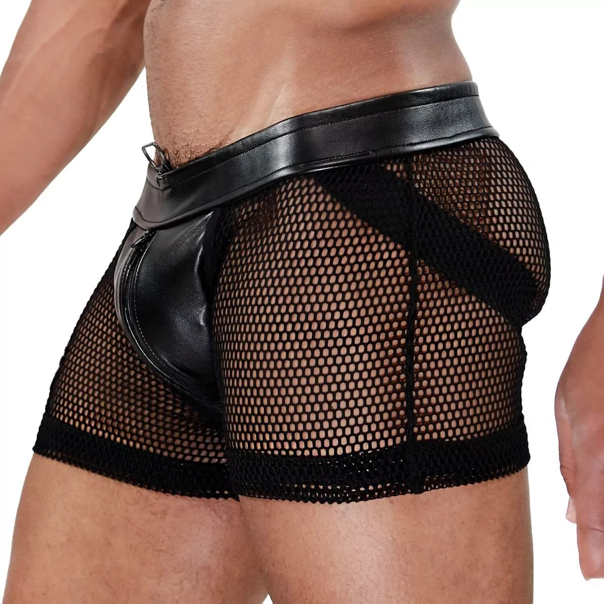 Revolutionary men's shorts and jockstrap hybrid. Made of ultra-sexy transparent mesh and lifelike imitation leather with a built in zipper
