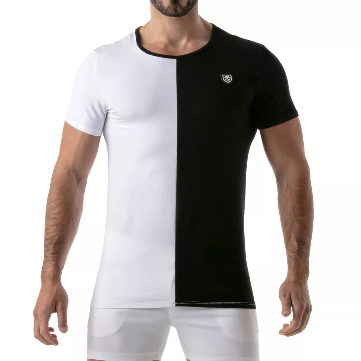 ToF's two-toned white and black, round-necked T-Shirt is made of soft, comfortable cotton jersey, with no seams on the side and TOF's logo sewn on the chest.