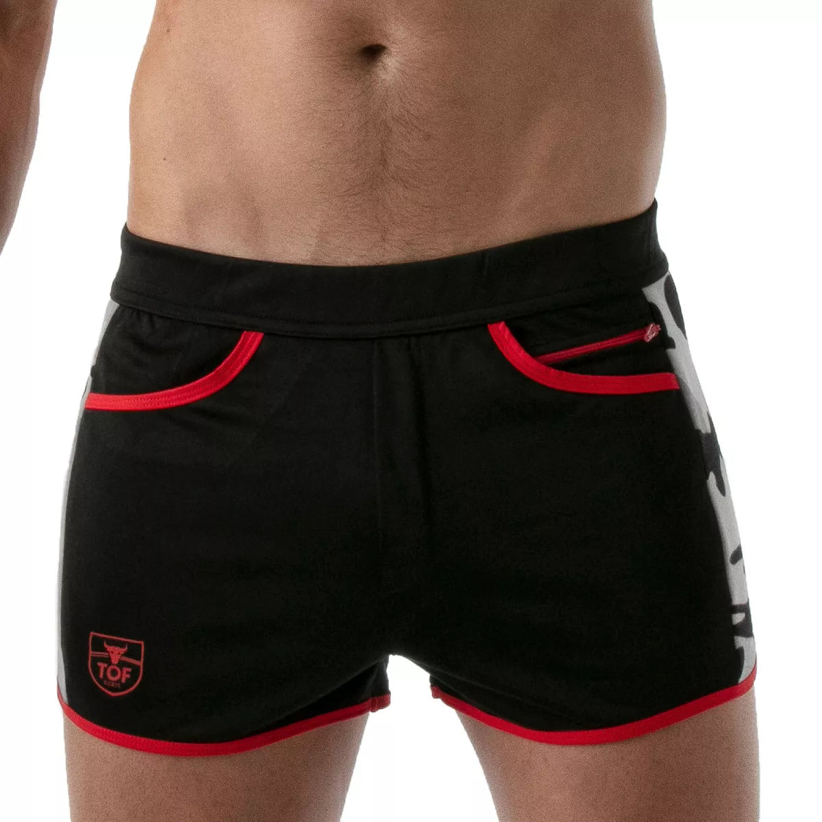 TOF's low-waisted, black sport shorts have camouflage patterned sides, red outline, and pockets including an additional zipper pocket. The shorts are made of antibacterial microfiber.