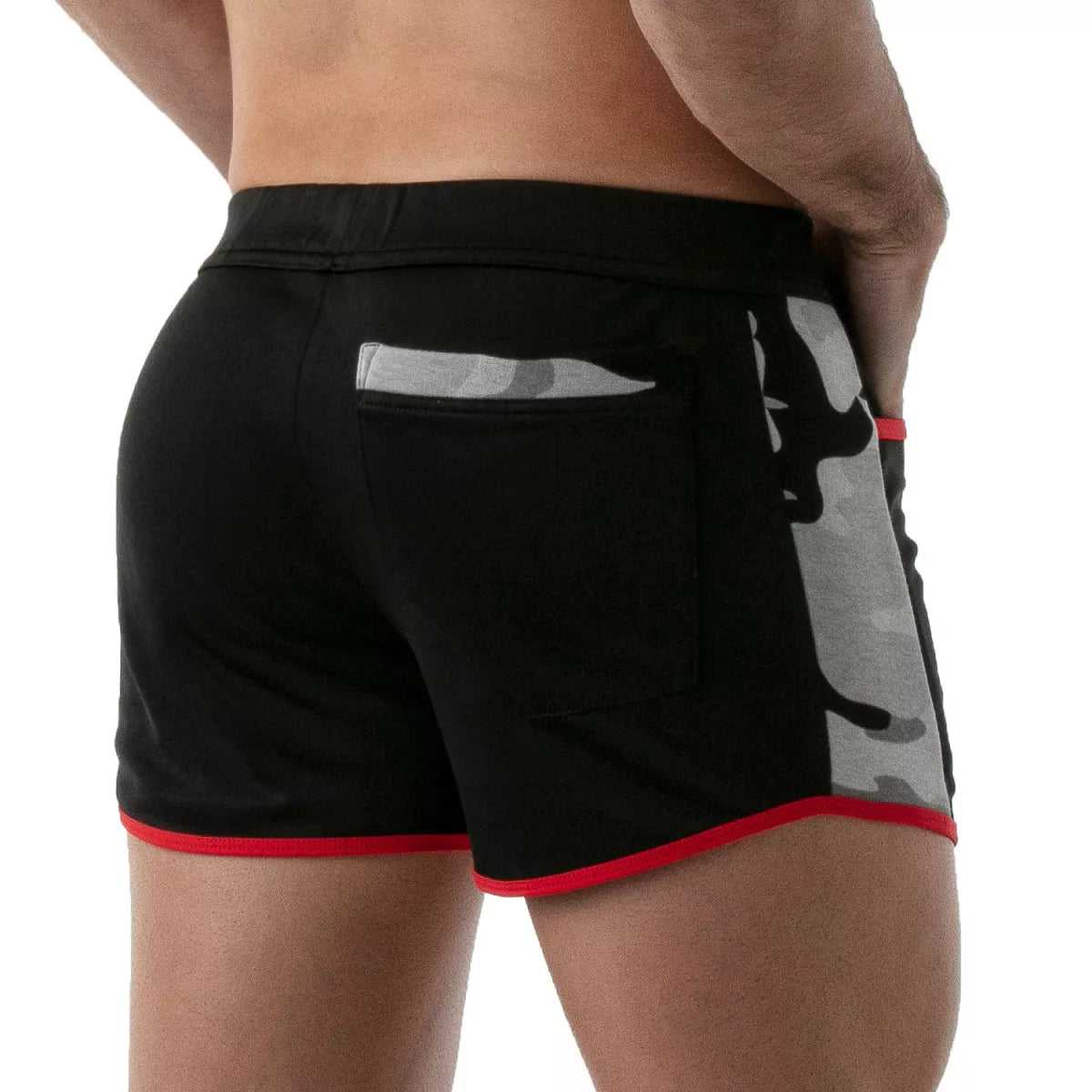 TOF's low-waisted, black sport shorts have camouflage patterned sides, red outline, and pockets including an additional zipper pocket. The shorts are made of antibacterial microfiber.