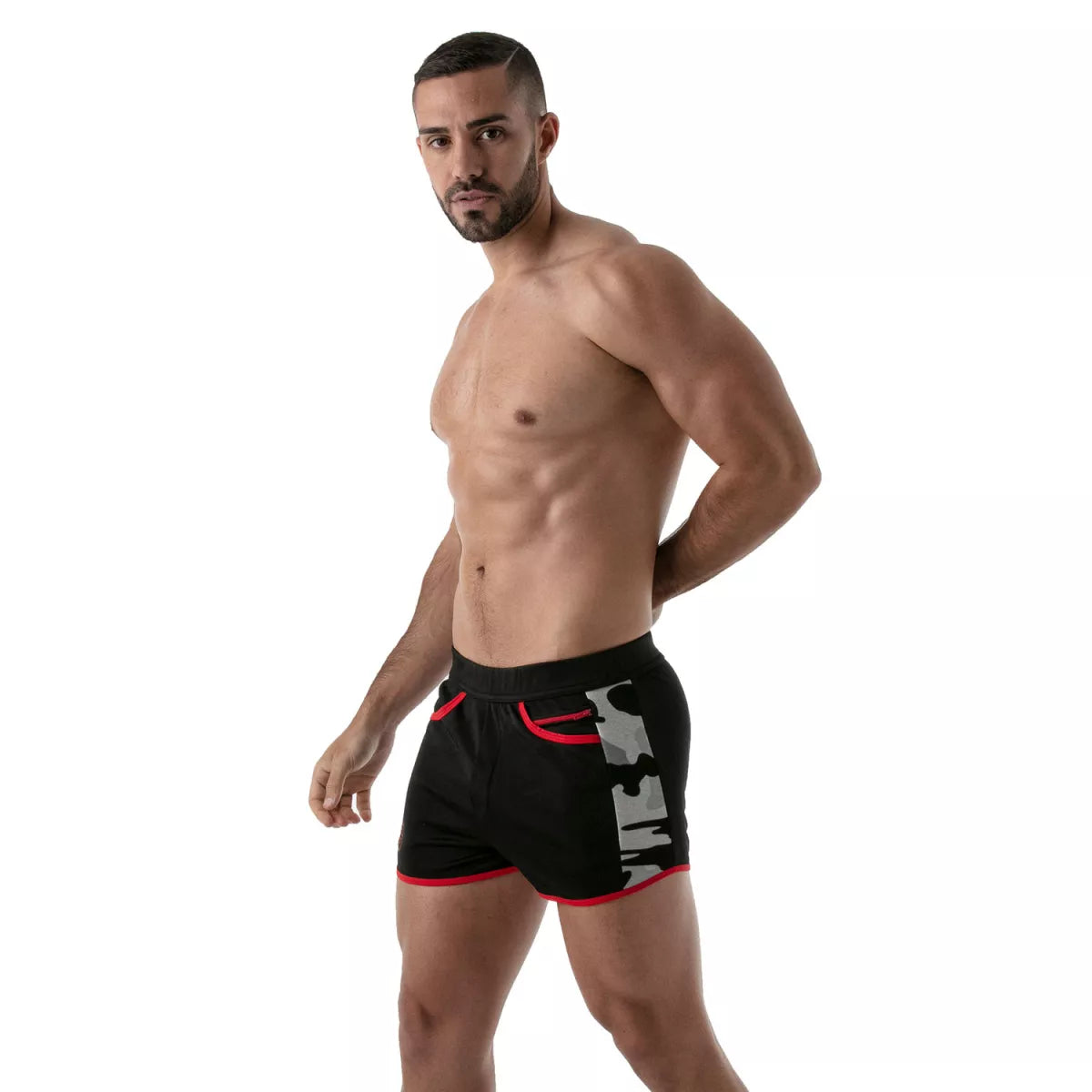 TOF's low-waisted, black sport shorts have camouflage patterned sides, red outline, and pockets including an additional zipper pocket. The shorts are made of antibacterial microfiber.