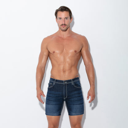 Men's sexy low-rise blue denim shorts 