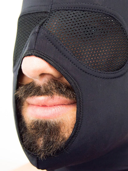 Lycra Hood made of premium grade spandex that gives it a tight fitting look.  It has mesh eye covering that allows some visibility while maintaining discretion.  It also has large mouth opening for breathing and smelling.