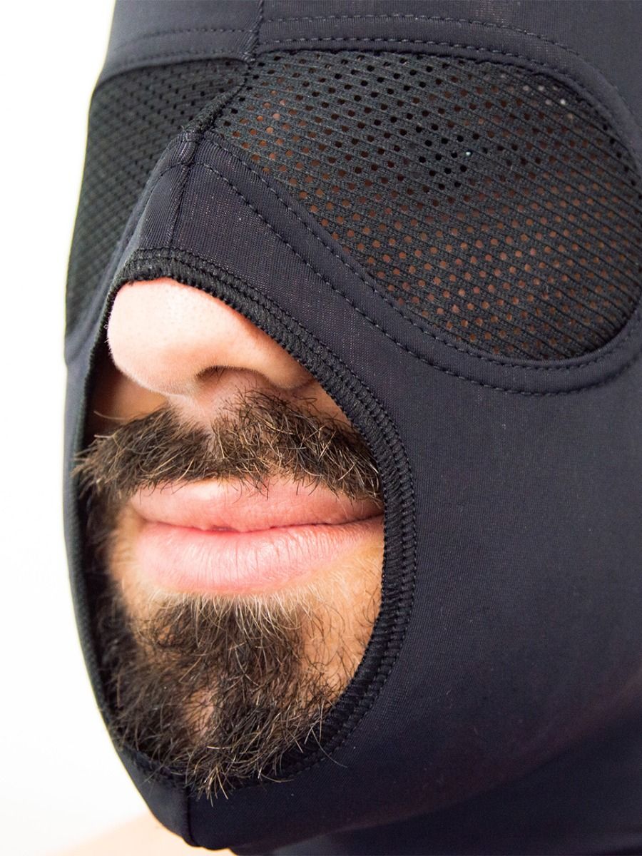 Lycra Hood made of premium grade spandex that gives it a tight fitting look.  It has mesh eye covering that allows some visibility while maintaining discretion.  It also has large mouth opening for breathing and smelling.