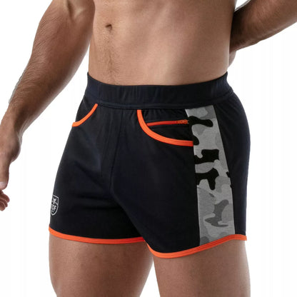TOF's low-waisted, navy blue sport shorts have camouflage patterned sides, orange outline, and pockets including an additional zipper pocket.  The shorts are made of antibacterial microfiber.