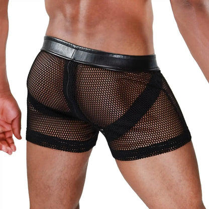 Revolutionary men's shorts and jockstrap hybrid.  Made of ultra-sexy transparent mesh and lifelike imitation leather with a built in zipper