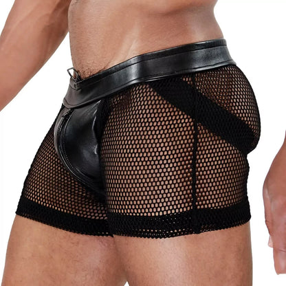 Revolutionary men's shorts and jockstrap hybrid.  Made of ultra-sexy transparent mesh and lifelike imitation leather with a built in zipper